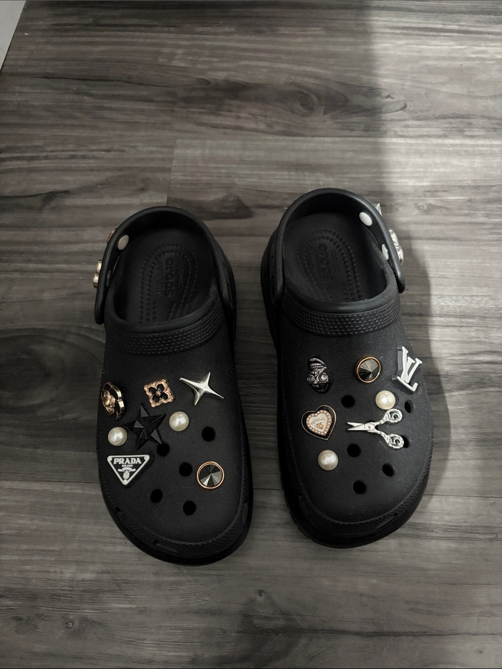 Custom CROCS Mega Crush Clogs MULES  with Jibbitz Black size w6 m4